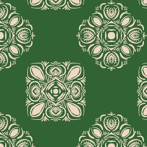 Cream  floral medallion on emerald green 