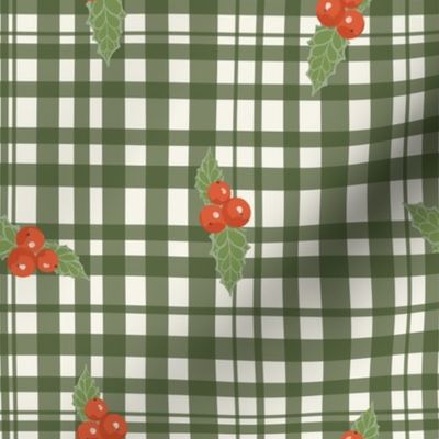 Christmas Holly on Plaid / Red, Green, vanilla / 8 in