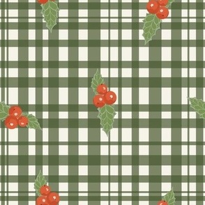 Christmas Holly on Plaid / Red, Green, vanilla / 8 in