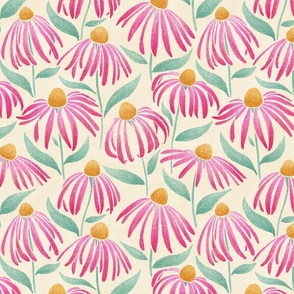 Coneflower Meadow - large - pink, teal, and gold on cream