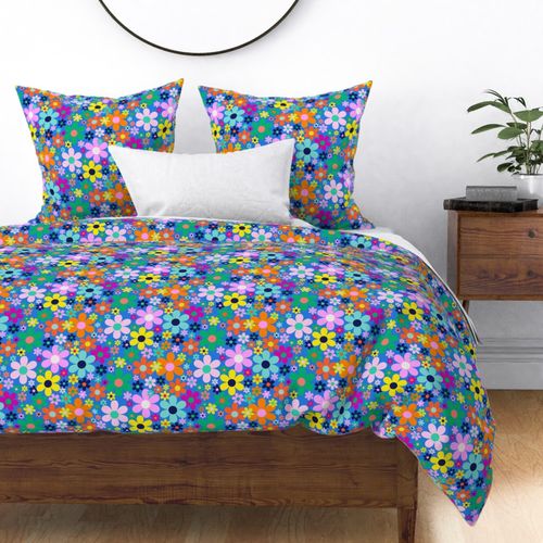 1970s retro flowers - blue - large