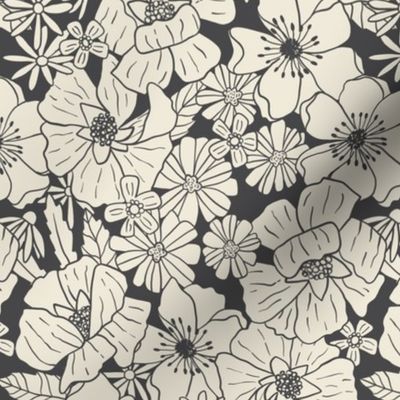 Retro Floral in Charcoal Black