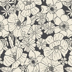 Retro Floral in Charcoal Black