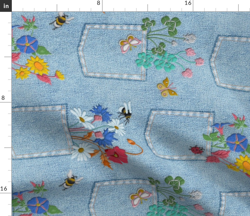 Jeans Pockets full of Embroidered Wildflowers | Tilted | M-L size