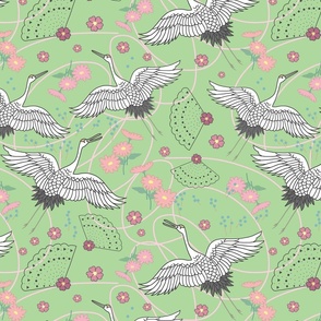 Migration, Cranes in Flight - sage green, medium/large 