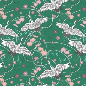 Migration, Cranes in Flight - emerald green, medium/large 