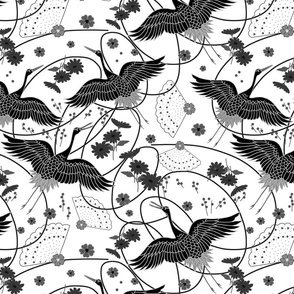 Migration, Cranes in Flight - greyscale noir on white, medium/large 