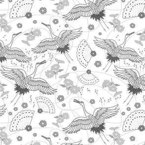 Migration, Cranes in Flight - greyscale on white, medium/large 