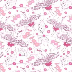 Migration, Cranes in Flight - pink toile on white, medium/large 