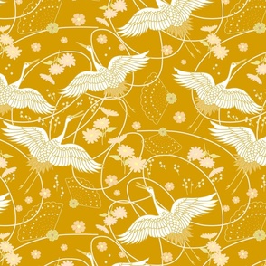 Migration, Cranes in Flight - toile on antique gold, medium/large 