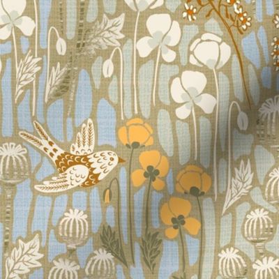 large - poppy field with birds in neutral colors - large scale 19" in fabric, 24" in wallpaper