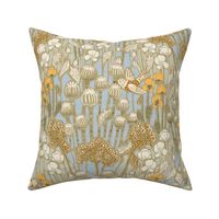 large - poppy field with birds in neutral colors - large scale 19" in fabric, 24" in wallpaper