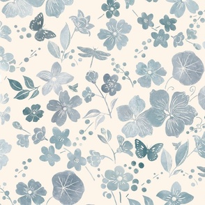 Misty summer garden in greys and off white