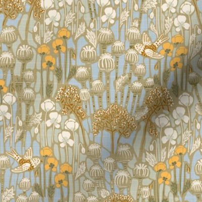 small - poppy field with birds in neutral colors - small scale 9" at fabric, 12" at wallpaper