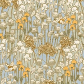 small - poppy field with birds in neutral colors - small scale 9" at fabric, 12" at wallpaper