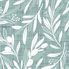 Large jumbo scale // Peaceful olive branches // duck egg green linen texture background white olive tree leaves and olives