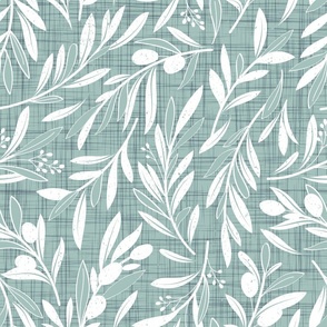 Normal scale // Peaceful olive branches // duck egg green linen texture background white olive tree leaves and olives
