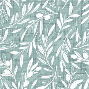 Small scale // Peaceful olive branches // duck egg green linen texture background white olive tree leaves and olives