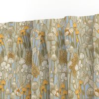 medium/large - Poppy field with birds in neutral colors - 14,4" medium scale in fabric  /24" large scale in wallpaper