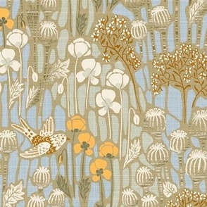 medium/large - Poppy field with birds in neutral colors - 14,4" medium scale in fabric  /24" large scale in wallpaper
