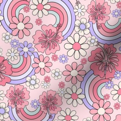 Hibiscus Summer Rainbow fabric - pastel daisy girls fabric