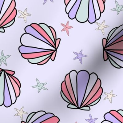 pastel mermaid shells fabric - cute girls design, lilac lavender starfish