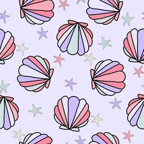 MEDIUM pastel mermaid shells fabric - cute girls design, lilac lavender starfish