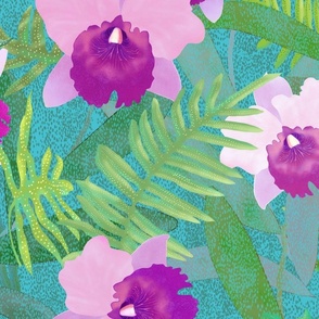 Silk Cattleya Ferns Pink on Turquoise Jumbo 150L