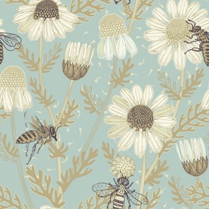 Neutral shades of chamomile and bee grass wallpaper seamless patterns