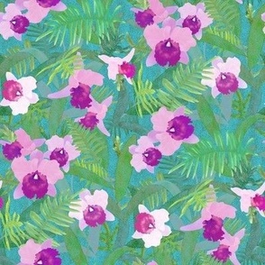 Silk Cattleya Ferns Pink on Turquoise Small 900