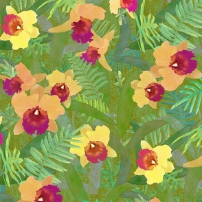 Silk Cattleya Ferns Gold on Olive 300