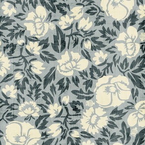 Evermore Botanicals- Poppy -Floral Block Print- Ash Gray Eggshell Gunmetal- Regular Scale