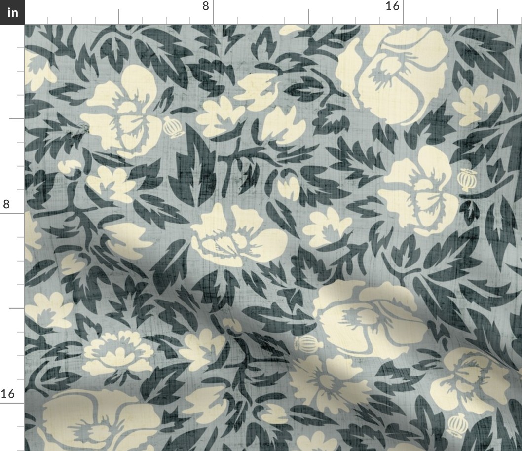 Evermore Botanicals- Poppy -Floral Block Print- Ash Gray Eggshell Gunmetal- Regular Scale