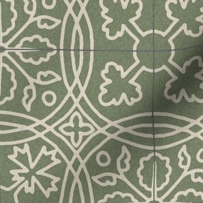 medieval tiles - ivory on moss green