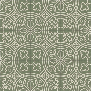 medieval tiles, ivory on moss green