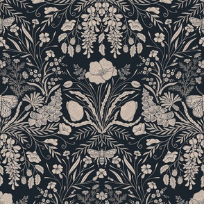 Wildflower Botanical Damask Pattern Dark blue-gray and beige