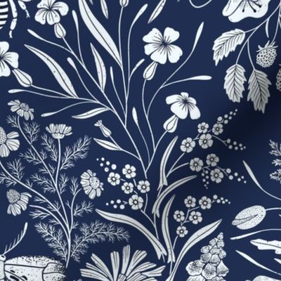 Wildflower Botanical Damask Pattern Dark on navy blue