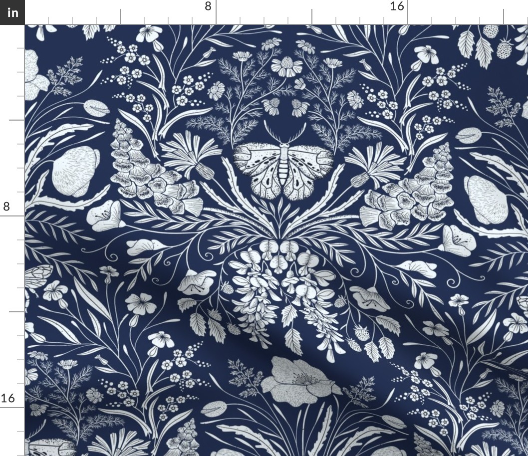 Wildflower Botanical Damask Pattern Dark on navy blue