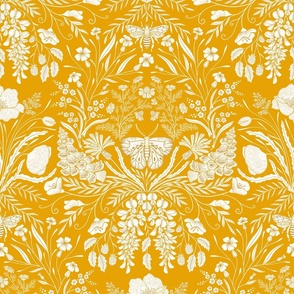 Wildflower Botanical Damask Pattern Dark on golden mustard yellow