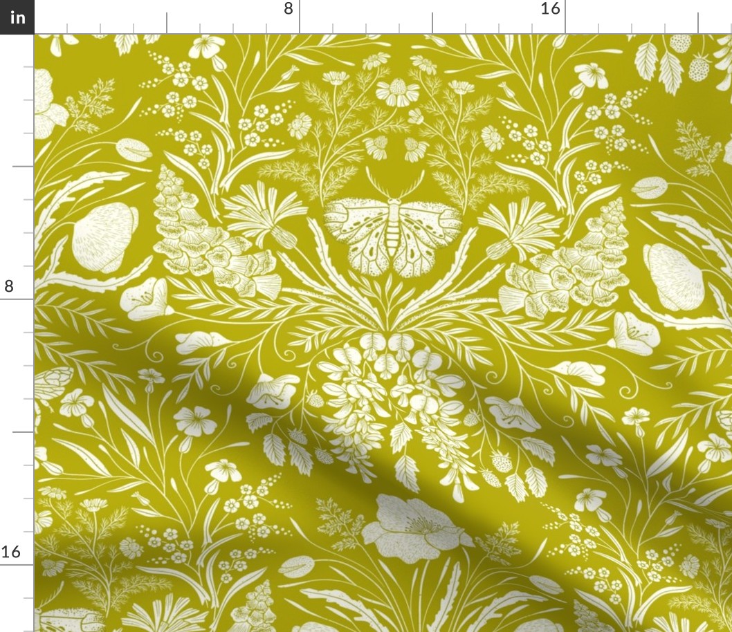 Wildflower Botanical Damask Pattern on yellow lime green
