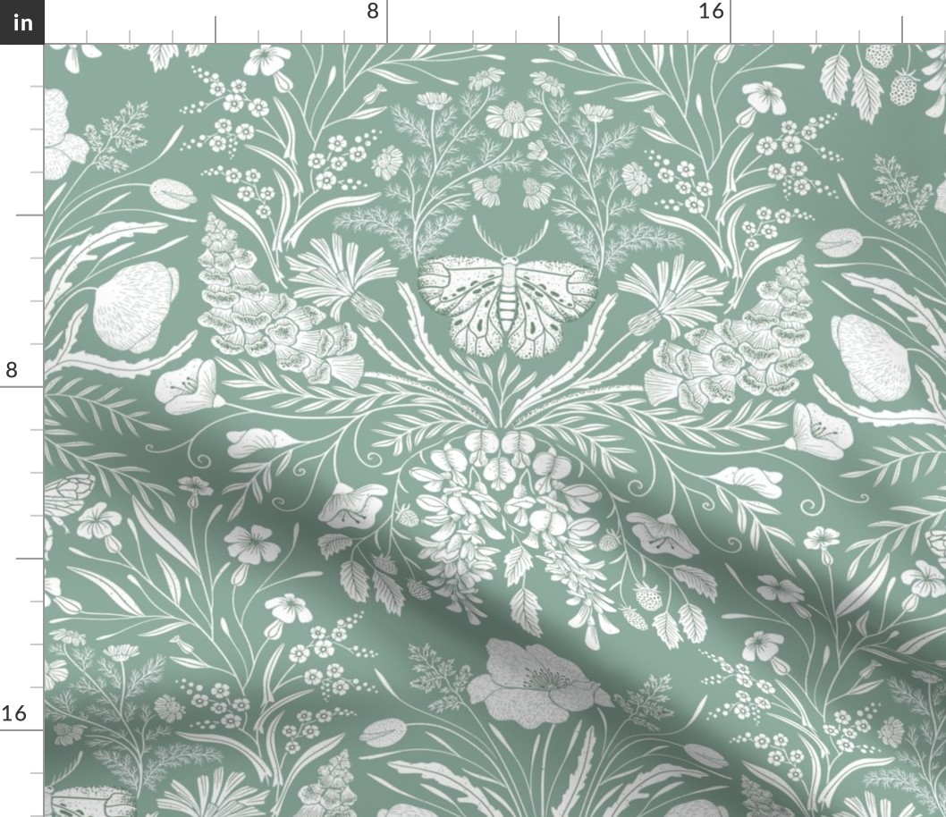 Wildflower Botanical Damask Pattern on sage green