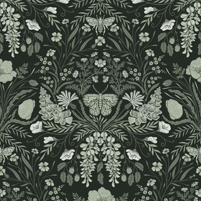 Wildflower Botanical Damask Pattern dark green neutrals