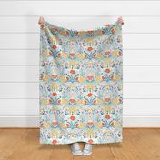 Wildflower Botanical Damask Pattern retro colors blue red yellow on light