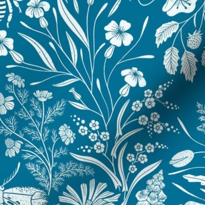 Wildflower Botanical Damask Pattern on teal blue