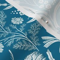 Wildflower Botanical Damask Pattern on teal blue