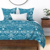 Wildflower Botanical Damask Pattern on teal blue