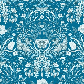 Wildflower Botanical Damask Pattern on teal blue