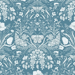 Wildflower Botanical Damask Pattern on neutral blue