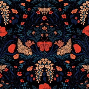 Wildflower Botanical Damask Pattern retro colors blue_ red on black