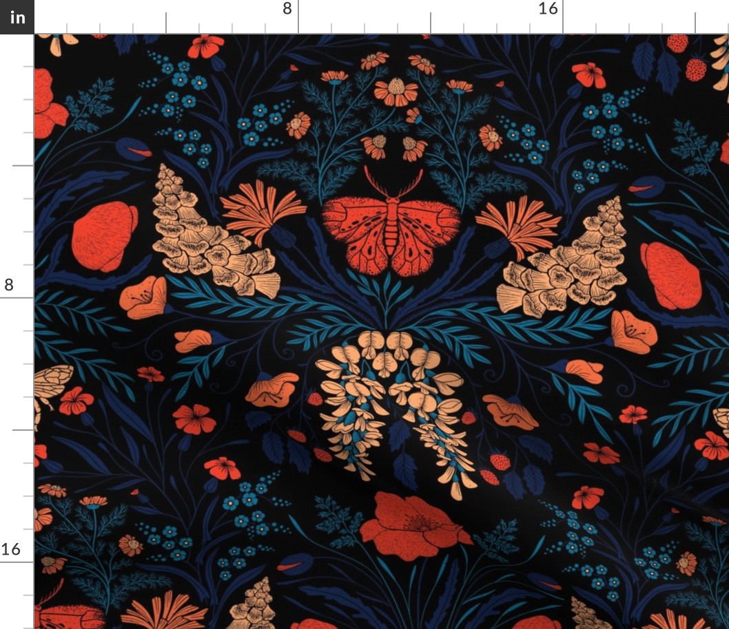 Wildflower Botanical Damask Pattern retro colors blue_ red on black